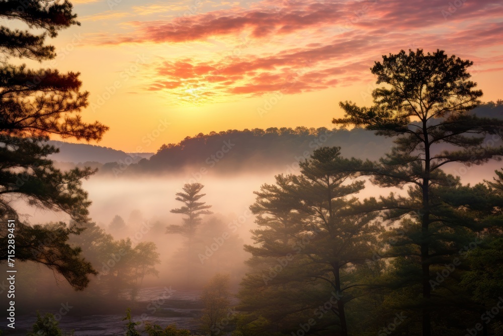 Poster the sun is setting over the trees in the foggy area of a forest with a river in the foreground.