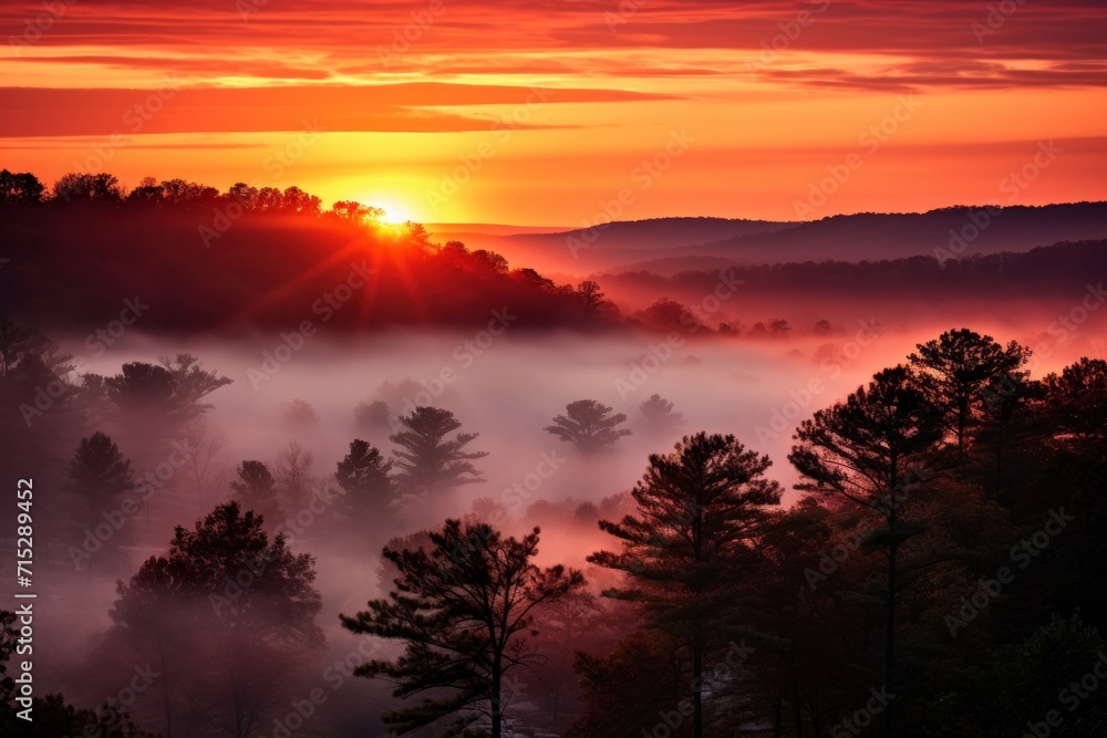 Poster the sun setting over a foggy forest with trees in the foreground and a red sky in the background.