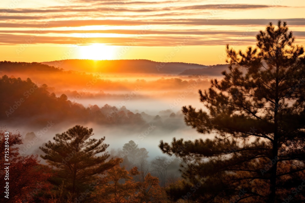 Poster the sun is setting in the distance over a forest filled with trees and fog in the foreground, with t