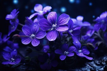  a bunch of purple flowers sitting on top of a leafy green plant with drops of water on the petals.