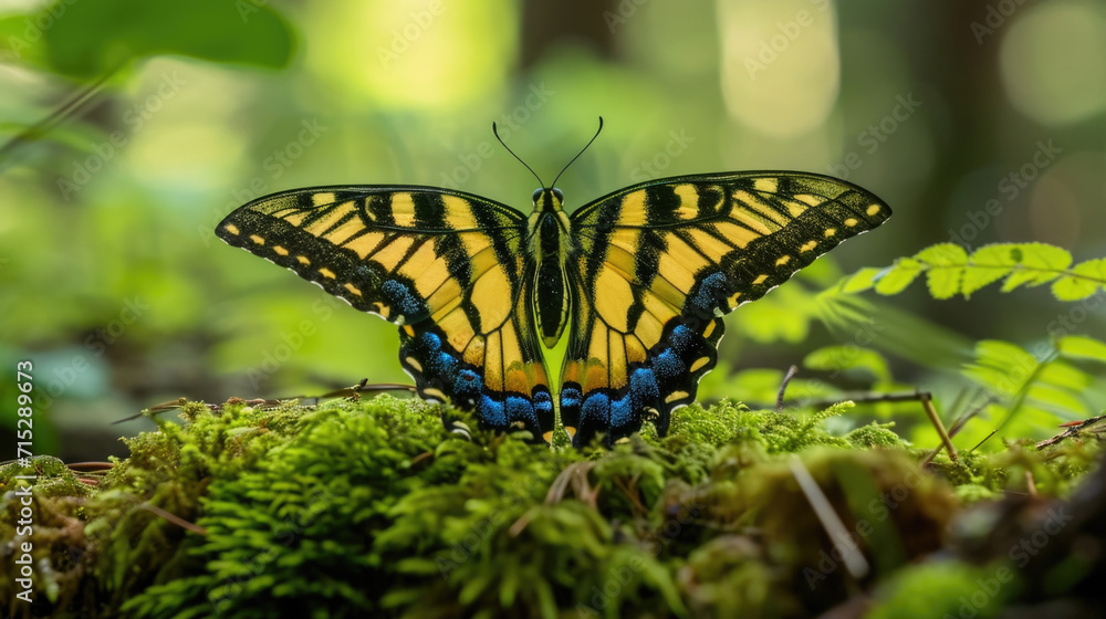 Poster closeup of a tiger swallowtail erfly resting on a patch of moss its wings adorned with intricate pat