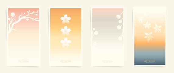 Spring Sakura Blossom Background. Soft Pastel Gradient Templates for Posters, Covers, Social Media Stories and Cards with Floral and Oriental Vibes.