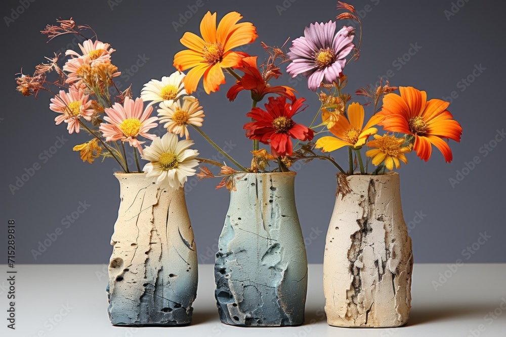 Poster a group of three vases filled with different types of flowers on a white table next to a gray wall.