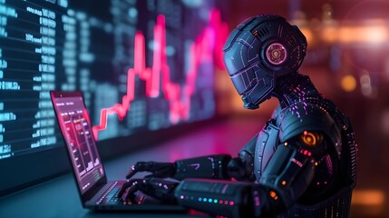 cyberpunk robot using laptop in digital background of a business graphs. technology and business. cyberpunk, robotic technology and business concept 