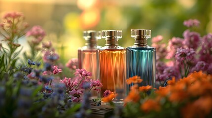 colorful perfume bottles brand photography, marketing visualization, cosmetics, perfume and beauty concept