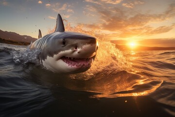  a close up of a shark in the water with a sun in the back ground and clouds in the sky.