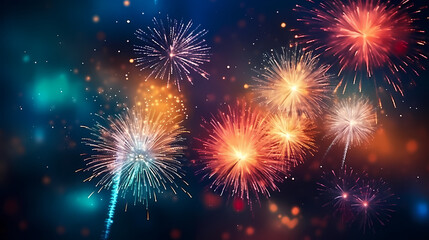 Naklejka premium Beautiful fireworks background at night for holiday decoration