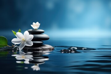  a group of rocks sitting on top of a body of water with a flower on top of one of them.