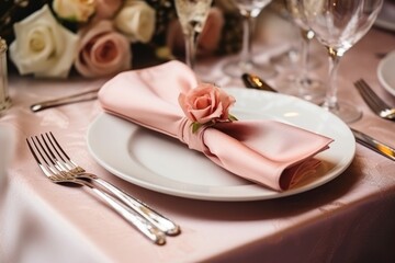  a white plate topped with a pink flower next to a white plate with a pink napkin on top of it. - Powered by Adobe