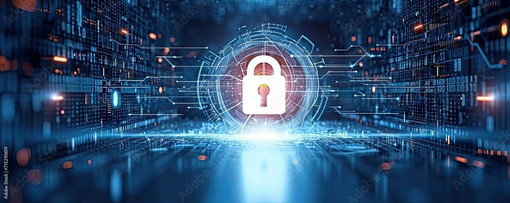 Poster network security locked in digital age concept of protection in cyber world safe from hacker with pa