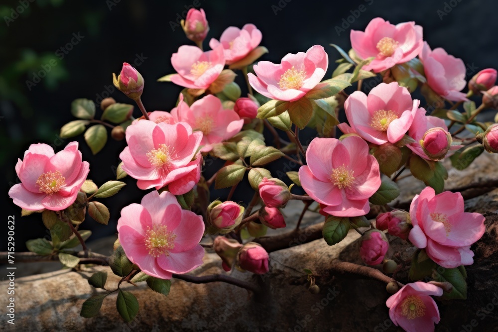 Poster a close up of a pink flower on a tree branch in front of a green leafed tree trunk and a dark backgr