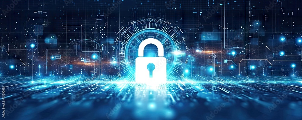 Poster network security locked in digital age concept of protection in cyber world safe from hacker with pa