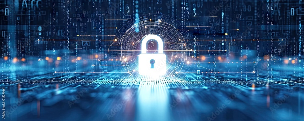 Poster network security locked in digital age concept of protection in cyber world safe from hacker with pa
