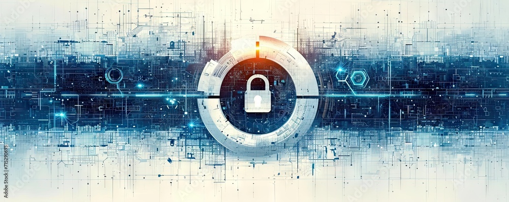 Poster network security locked in digital age concept of protection in cyber world safe from hacker with pa