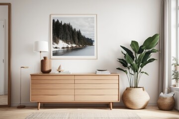 Scandinavian Interior home design of living room with wooden dresser and art poster frame