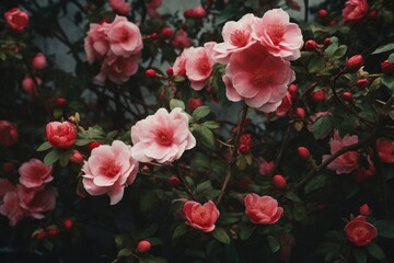  a close up of a bush of pink flowers with green leaves and red flowers in the foreground and a gray wall in the background.