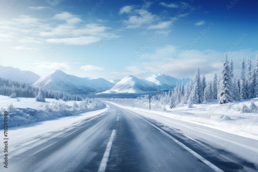 Poster a road in the middle of a snow covered mountain range with trees in the foreground and a blue sky wi