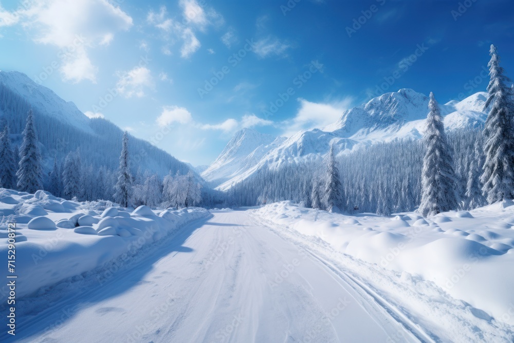 Poster a snow covered road in the middle of a mountain range with snow on the ground and trees on both side