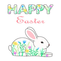Easter bunny and letters with spring meadow flowers pattern, greeting card, decorative design elements, vector illustration. 
