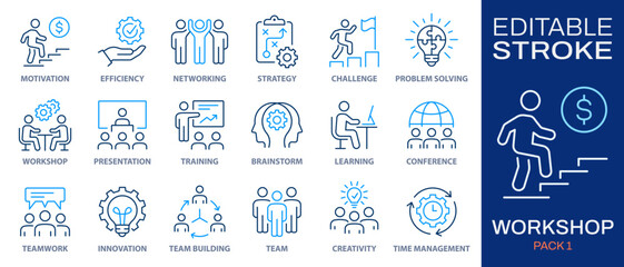 Workshop icon set. Collection of meeting, teamwork, seminar, team building and more. Vector illustration isolated on white. Editable stroke. - 715290841