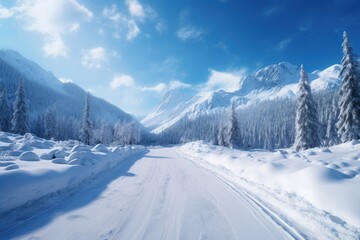  a snow covered road in the middle of a mountain range with snow on the ground and trees on both sides of the road.