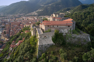 Aerial panorama of Castello Malaspina di Massa in Italy. Historic castle in Italy aerial view