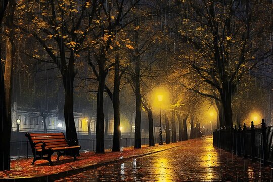 Lonely bench in the park at foggy night
