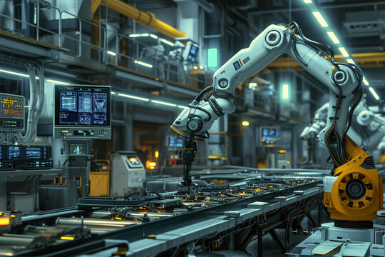 An AI generative image of robotic arm assembling product at production line with screen panel insight.
