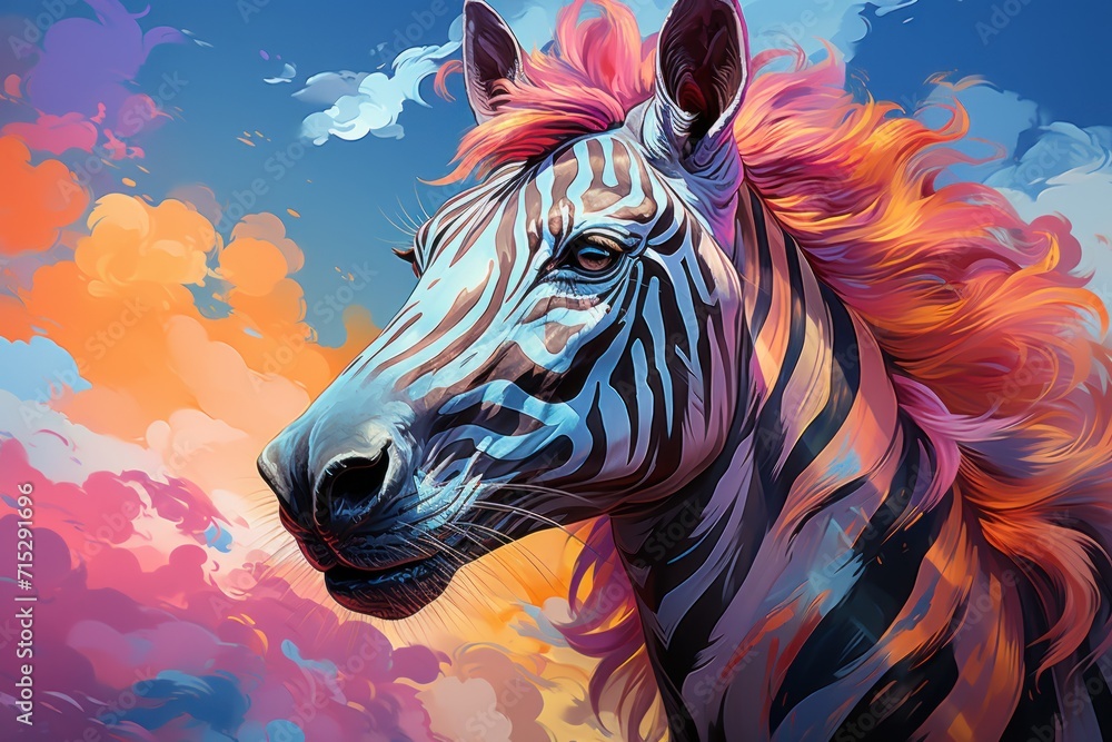 Poster a close up of a zebra's face with a colorful sky in the background and clouds in the foreground.