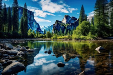  a painting of a mountain lake with rocks and trees in the foreground and a blue sky with clouds in the background.