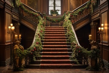 Office staircase adorned with garlands, ribbons, and a grand bannister Christmas display, Generative AI