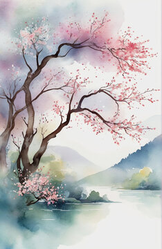 Watercolor cherry blossoms. AI