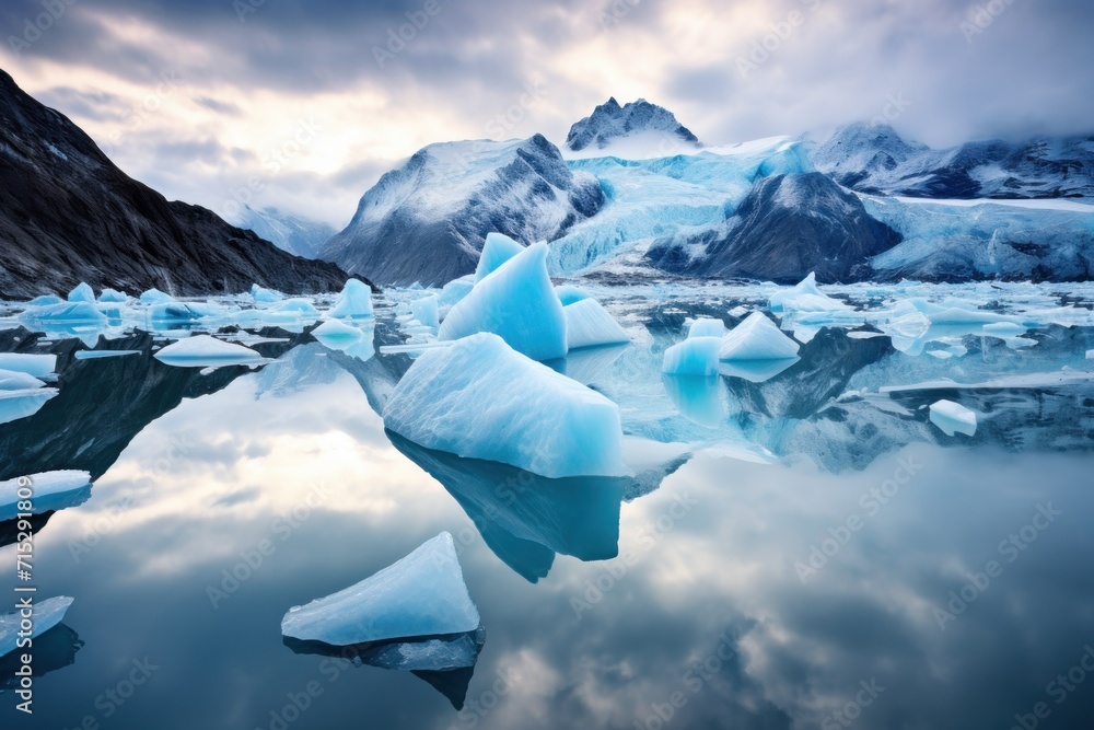 Aufkleber a group of icebergs floating on top of a lake in the middle of a snow covered mountain range.