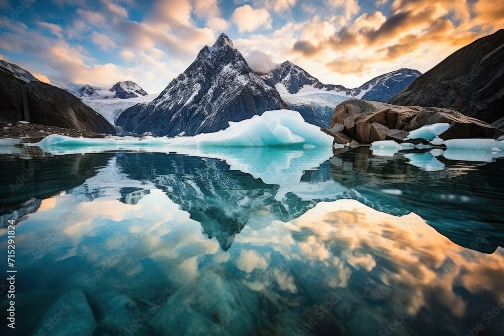 Poster a large iceberg in the middle of a body of water with mountains in the background and clouds in the 