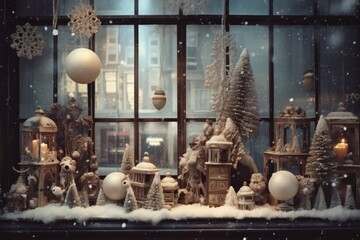 Office window display with a holiday-themed scene, including snowflakes, wreaths, and ornaments, Generative AI