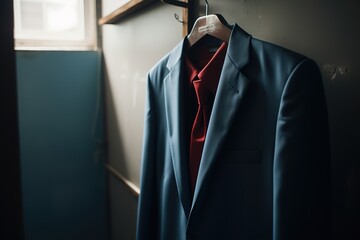 Elegant blue suit with tie and handkerchief hanging in a wooden wardrobe, concept of fashion and luxury.