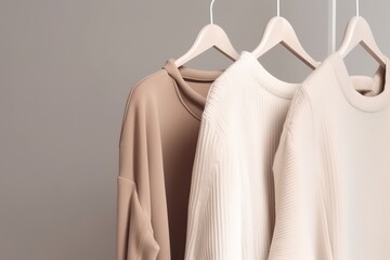 Neutral-toned clothes on hangers against a gray background, minimalist fashion concept. - obrazy, fototapety, plakaty