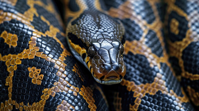 Closeup of the intricate patterns on an anacondas skin perfectly designed to camouflage and blend in with the surrounding wetland environment