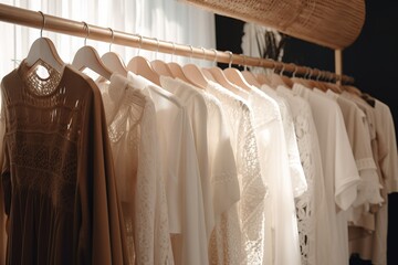 Assorted shirts on a clothing rack in a boutique with warm lighting.