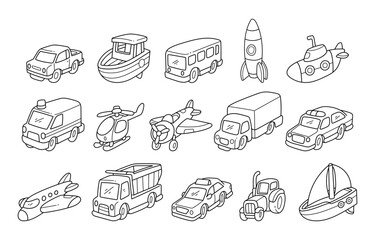 Transportation toys outline sketch vector illustration set