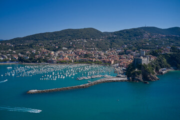 Aerial panorama of the city of Lerici. Italian resorts on the Ligurian coast aerial view. Cityscape...