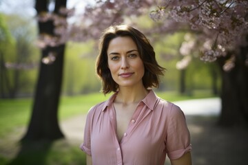 Portrait of a beautiful woman in a pink blouse in the spring park