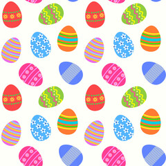 Easter eggs scattered on white background, seamless vector pattern, decorative wallpaper, wrapping paper, endless texture, colorful cover.