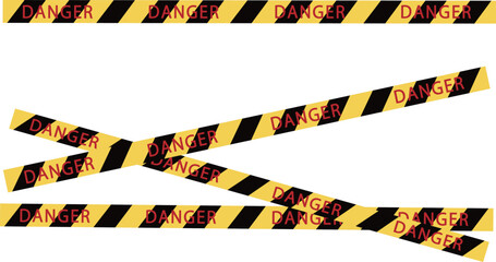 黒と黄色のストライプの境界線、赤い文字、危険、閉鎖テープ、透明な背景の警告標識ベクターイラスト - obrazy, fototapety, plakaty