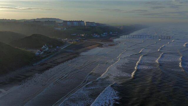 Establishing Drone Shot of Saltburn-by-the-Sea Looking Up the Coast Towards Redcar