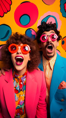 A surprised woman with black hair and a man with red glasses on a colorful floral background show amazement and whimsy. Brightly colored holiday promo. Insane marketing and advertising