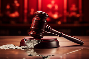 Close-up shot of a judge's gavel on a table inside a court or courtroom. Judgment or arbitration. Copy space. Soft focus and blurred.