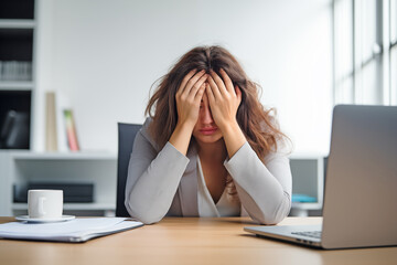 Businesswoman sitting at work holding her face in her hands, worried, sad and stressed. Hair is disheveled. Copy space. Soft focus and blurred.