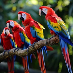 Bright birds in nature. Bright colorful birds in the forest, on a tree, on a branch. Nature. Wallpaper.