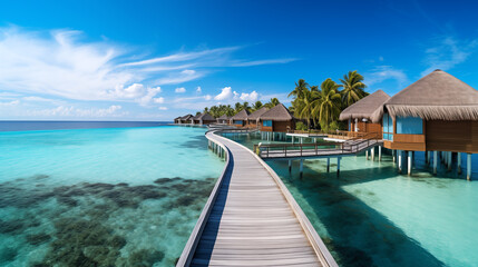 Overwater bungalow in the Indian Ocean. Tropical Maldives. Summer vacation on a tropical island with beautiful beach and palm trees
